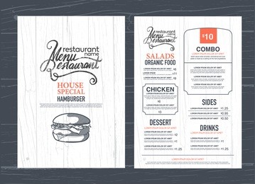 vintage restaurant menu design and wood texture background.
