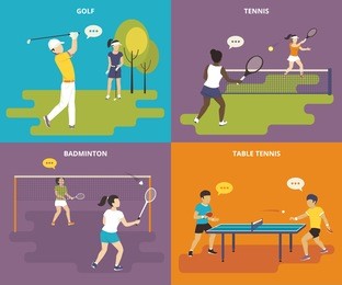 flat sport icons set of boy plays golf, young women are playing tennis and badminton, two guys take part in a table tennis competition