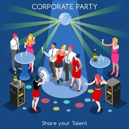 isometric business corporate disco party. christmas team selfie. informal christmas isometric dancing people. 3d flat vector app celebrate. 3d party celebrate. special disco event startup milestone