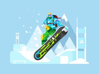 cartoon character snowboarder. sport athlete, snowboarding design, move and jump, flat vector illustration