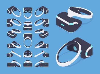 set of the isometric virtual reality headsets. the objects are isolated against the blue background and shown from different sides