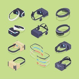 isometric virtual and augmented reality headsets. the objects are located on the green background and shown from two sides