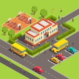 isometric school building with people, courtyard and front yard, parking, bus, basketball court. flat style vector illustration isolated on white background.