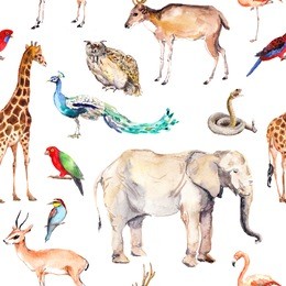 wild animals and birds - zoo, wildlife (elefant, giraffe, deer, owl, parrot and other). seamless pattern. watercolor