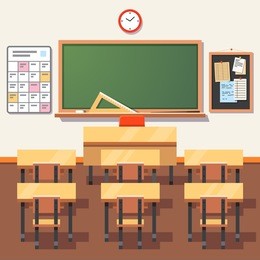 empty school classroom with green chalkboard, teachers desk, pupils tables and chairs. flat style vector illustration isolated on white background.
