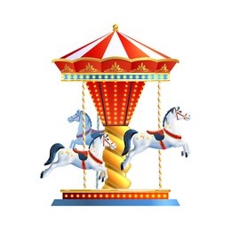 realistic retro carousel with three colored horses isolated on white background vector illustration