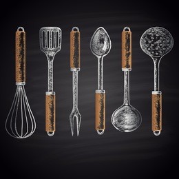 colored chalk drawn set with different types of kitchen accessories (whisk, skimmer, spatula, soup ladle, etc.). kitchen theme.