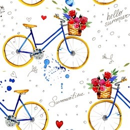 hand drawn watercolor pattern with bike in vintage style. watercolor retro bike seamless pattern. watercolor pattern with bicycles.
