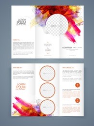 colorful abstract design decorated, creative business trifold brochure, template or flyer with space to add your images and two sided presentation.