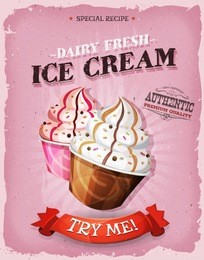 grunge and vintage ice cream dessert poster/
illustration of a design vintage and grunge textured poster, with carton cup of ice-cream, for sweets and desserts meals in fast food and takeout menu