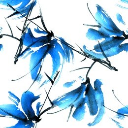 blue flowers branch. watercolor and ink illustration in style sumi-e, u-sin. oriental traditional painting. seamless pattern.