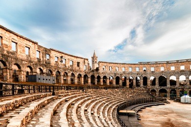 architecture details of the roman amphitheatre in pula, croatia, an arena similar to colosseum of rome