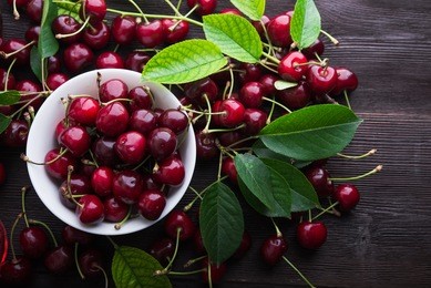 fresh cherries in bowl on table