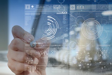 businessman hand working with modern technology and digital layer effect as business strategy concept