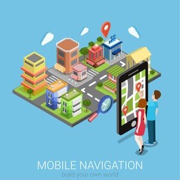 flat 3d isometric creative mobile navigation web infographics concept. couple touching big smartphone and city model map pin point. creative people collection.