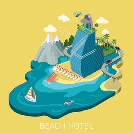 flat 3d isometric creative beach hotel web infographics travel vacation concept. luxury class five star resort island mountain road yacht water bike jetski. creative people collection.