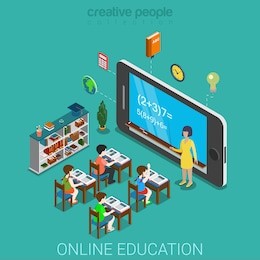 flat 3d isometric creative mobile education web infographics education knowledge concept. teacher before huge smartphone with formula on screen and pupil school class. creative people collection.