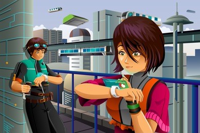 a vector illustration of people wearing high tech watch