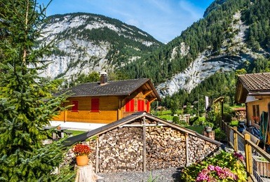 wood chalets at mountain village murren, above grindelwald, switzerland,