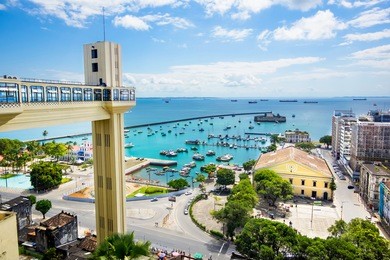 view of lacerda elevator and all saints bay (baia de todos os santos) in salvador, bahia, brazil.