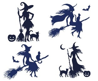 set of vector silhouette halloween witches on the white background