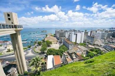 salvador brazil scenic city skyline view with lacerda elevator, bay of all saints, and old lower city architecture on the horizon