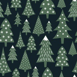christmas pattern - varied xmas trees and snowflakes. simple seamless happy new year background. vector design for winter holidays on dark blue background. child drawing style trees.