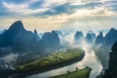 landscape of guilin, li river and karst mountains. located near the ancient town of xingping, yangshuo county, guangxi province, china.