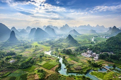 landscape of guilin, li river and karst mountains. located near yangshuo county, guilin city, guangxi province, china.