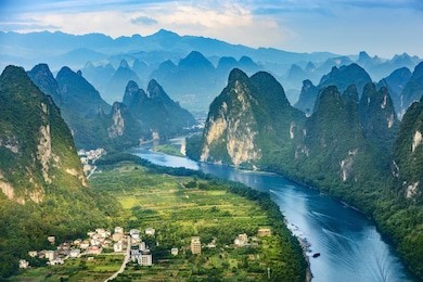 landscape of guilin, li river and karst mountains. located near the ancient town of xingping, yangshuo county, guangxi province, china.