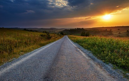 landscape with road going through corn fields at sunset