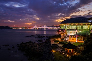 busan, haeundae beach at night and sunset in south korea.