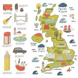 cute hand drawn doodle map on england with sightseeing and objects including bus, tower bridge, big ben, ship, cloud, umbrella, kilt, loch ness monster, castle, palace, stadium, bagpipes, guitar, car.