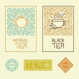 vector tea packaging labels and badges in trendy linear style - icons and badges - organic herbal and black tea