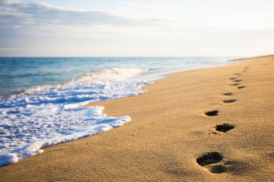 close up of footprints on the beach with golden sand