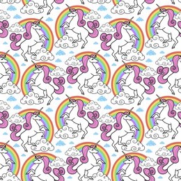 cartoon vector seamless pattern. unicorn with rainbow and clouds. for designed print.