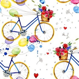 hand drawn watercolor pattern with bike in vintage style. watercolor retro bike seamless pattern. watercolor pattern with bicycles.