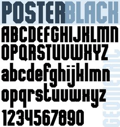 poster black classic font and numbers, bold geometric letters.