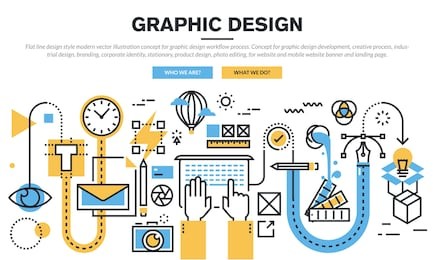 flat line design concept for graphic design workflow process, industrial design, branding, corporate identity, stationary, product design, photo editing, for website banner and landing page.
