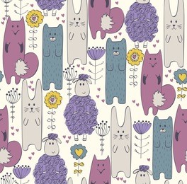 hand drawn  illustration. seamless pattern with cartoon animals.
