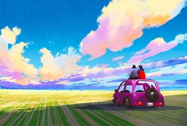 young couple sitting on a car in front of colorful landscape,illustration painting