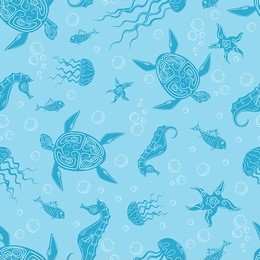 seamless pattern with sea animals: turtle, sea horse, jellyfish, fish and bubbles