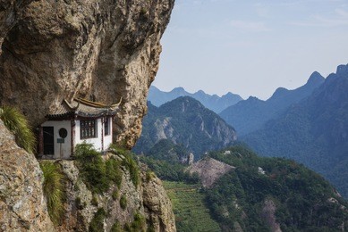 chinese temple in the cliff and mountain scenery (wenzhou yandang mountain in china.)