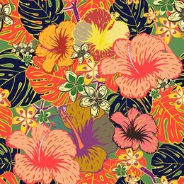 abstract seamless hand drawn background. tropical red, orange and yellow hibiscus flowers and colorful palm leafs. vector illustration.
