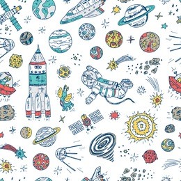 hand drawn space doodle vector seamless pattern. colorful space background
