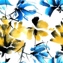 blue and yellow flowers. seamless pattern. watercolor and ink illustration in style sumi-e, u-sin. oriental traditional painting. 
