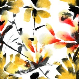 floral seamless pattern. watercolor and ink illustration in style sumi-e, u-sin. oriental traditional painting.