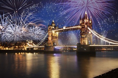 tower bridge with firework, celebration of the new year in london, uk