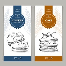 vector set of templates packaging sweets, label, banner, poster, identity, branding. background with sketch hand drawn illustration - cookies and cake. stylish design for baked goods