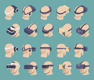 set of the isometric virtual reality headsets. the objects are isolated against the green background and shown from two sides